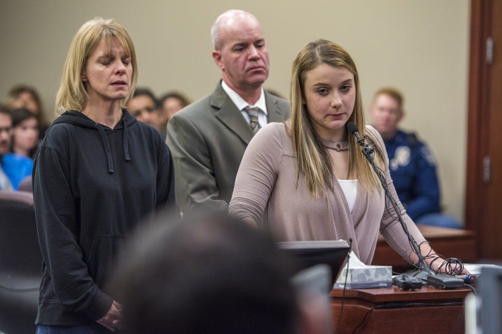 <p>Taylor Livingston pauses during her statement on the fifth day of Ex-MSU and USA Gymnastics Dr. Larry Nassar's sentencing on Jan. 22, 2018 at the Ingham County Circuit Court in Lansing. "What you have done is despicable," Livingston said. "What you have done you can never erase."&nbsp;</p>