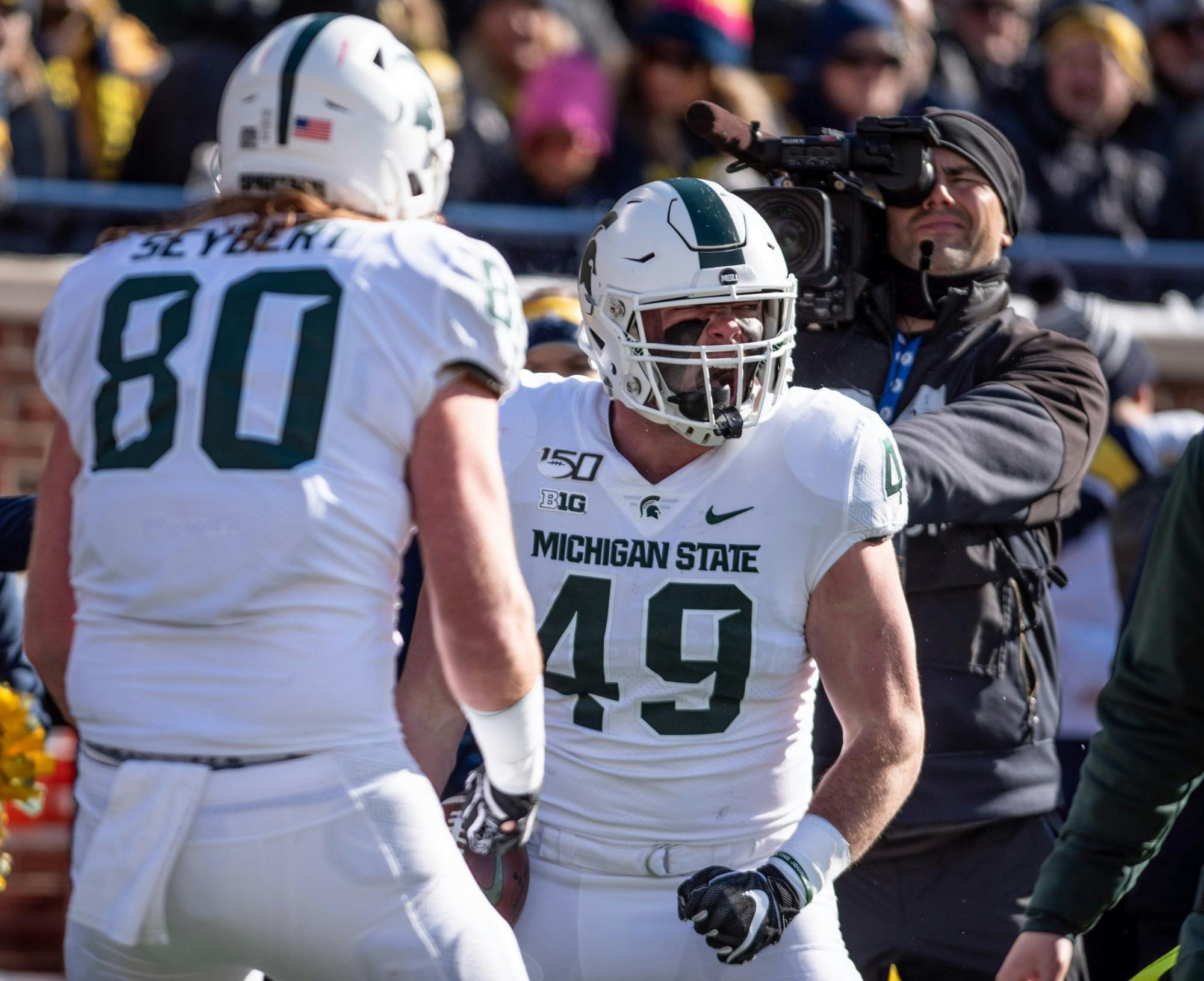 <p>Sophomore fullback Max Rosenthal celebrates during the game against Michigan on Nov. 16, 2019 at Michigan Stadium.</p>