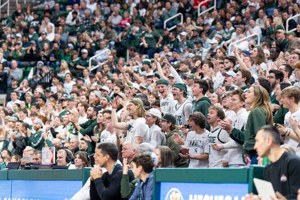 <p>Spartan fans celebrating a made three-pointer by their team during a game against Ohio State University at the Breslin Student Event Center on Feb. 25, 2024.</p>