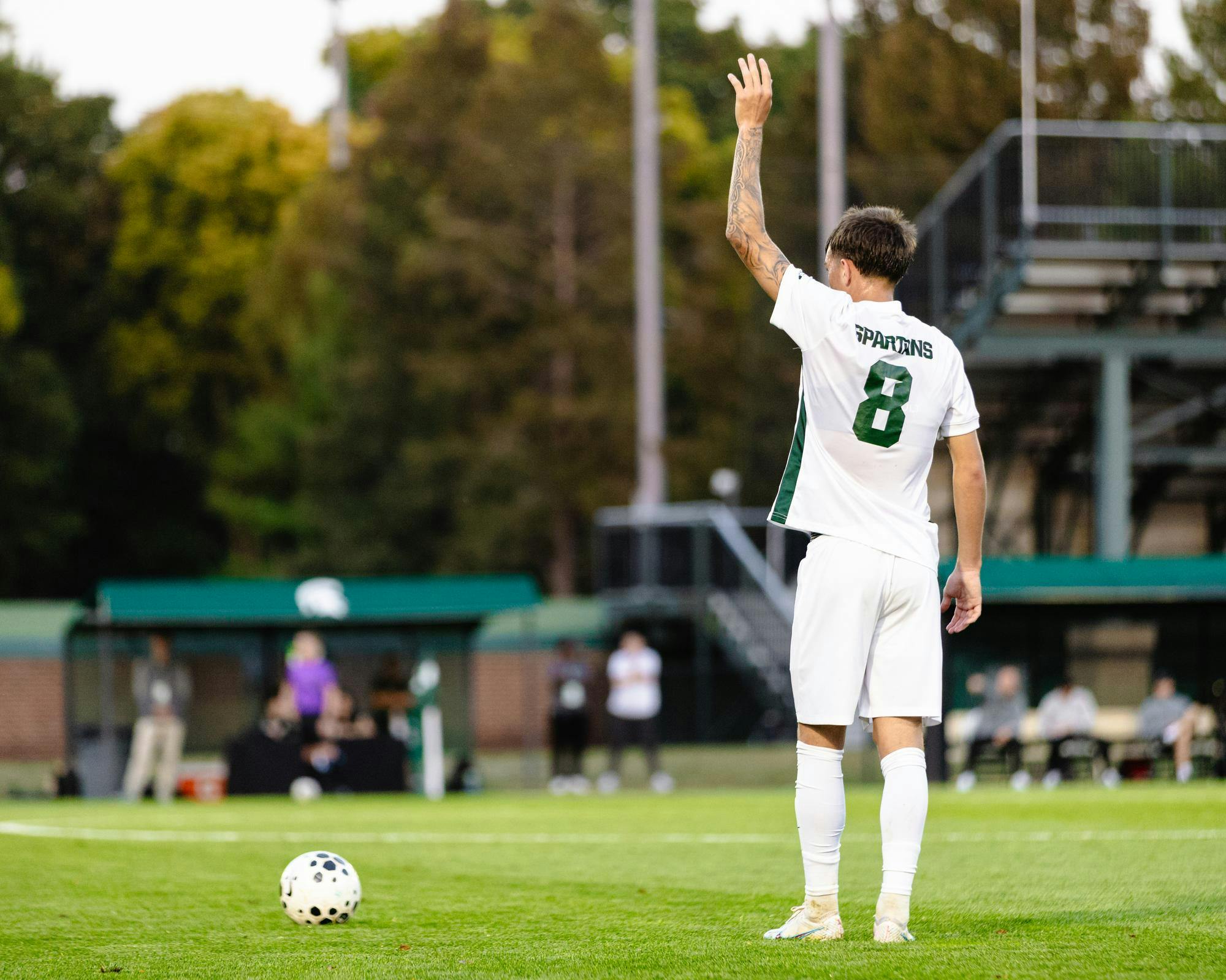 <p>Michigan State junior mid-fielder, Miles Merritt (8) sets up to take a free kick at DeMartin Stadium in East Lansing, Mich., Sept. 19, 2025.</p>