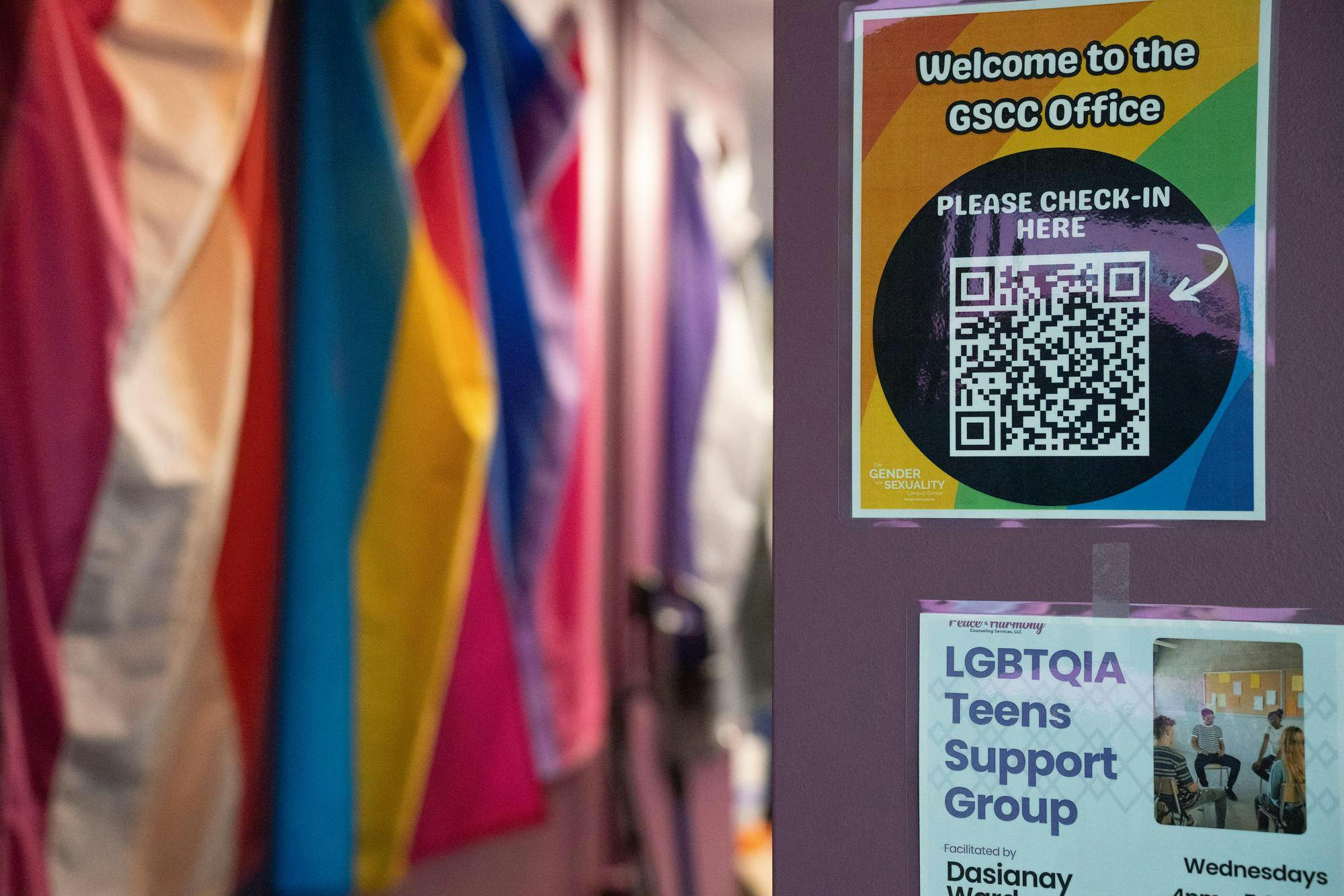 Pride flags hang along the walls at Michigan State's Gender and Sexuality Campus Center on Oct. 9, 2024.