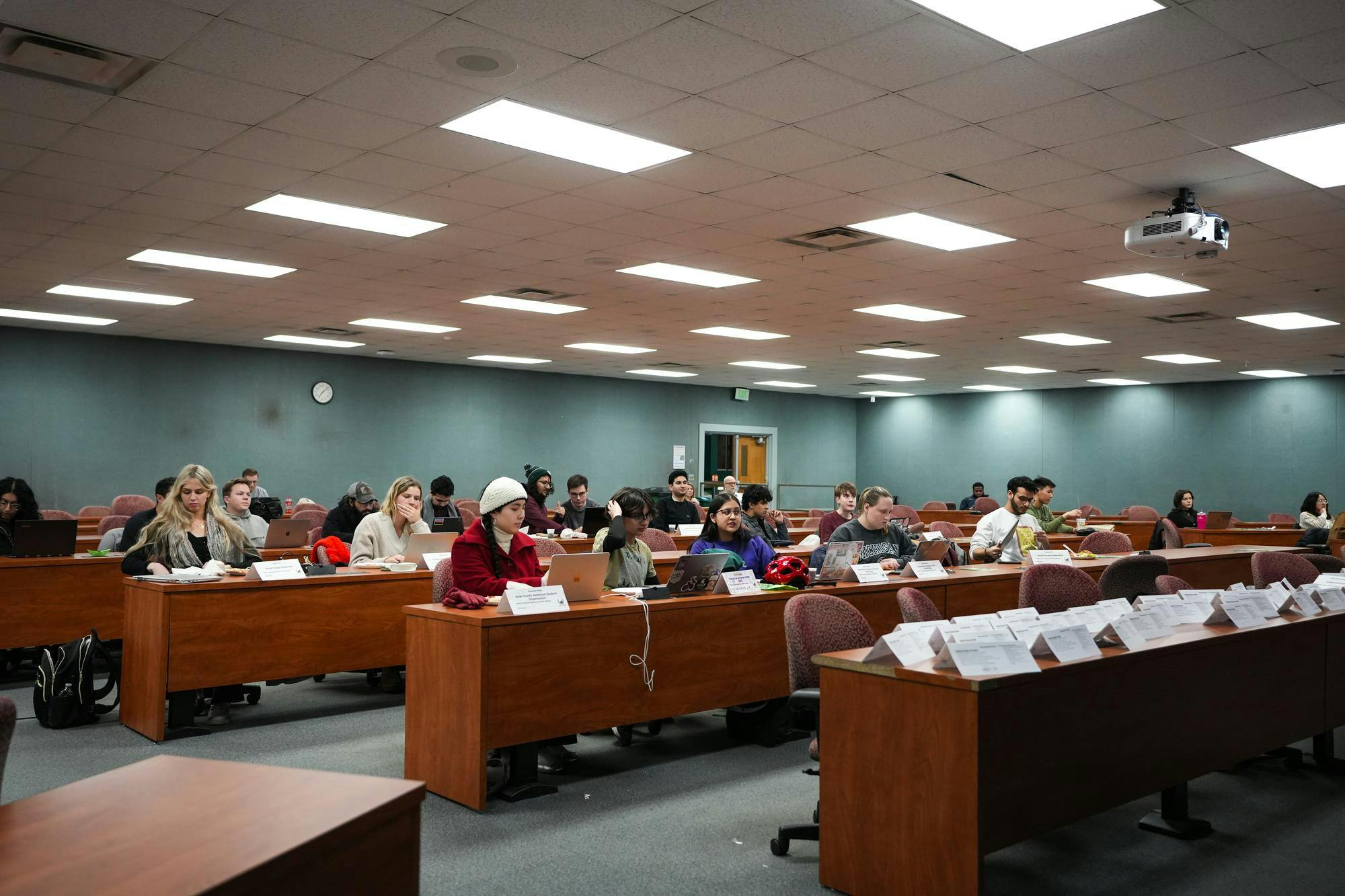 <p>ASMSU student representatives at a ASMSU meeting in The International Center on Jan. 18, 2024.</p>