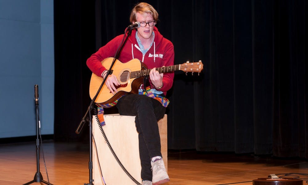 Jazz studies junior Eric Smith performs a song during Peace Jam, a lineup of student musicians and poets followed by an open mic Dec. 9, 2015 in the RCAH Theater. Peace Jam is a MSU organization that was started by a group of students last fall. The orgs first Peace Jam had a human rights, terrorism and injustice.