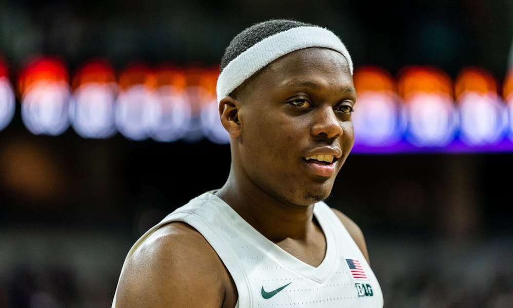 Senior guard Cassius Winston looks on against Albion College. The Spartans defeated the Britons, 85-50, at the Breslin Student Events Center on October 29, 2019. 