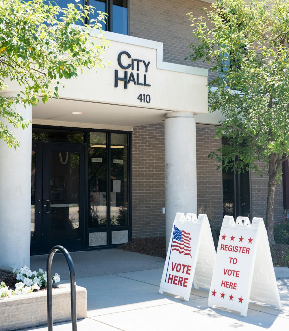 East Lansing City Hall photographed on Aug. 2, 2022, voting day for the Michigan Primary election.