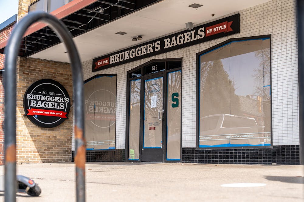 <p>Brueggers Bagels sits closed after putting a sign on their door on Grand River Ave. in East Lansing, MI on March 25, 2026.</p>