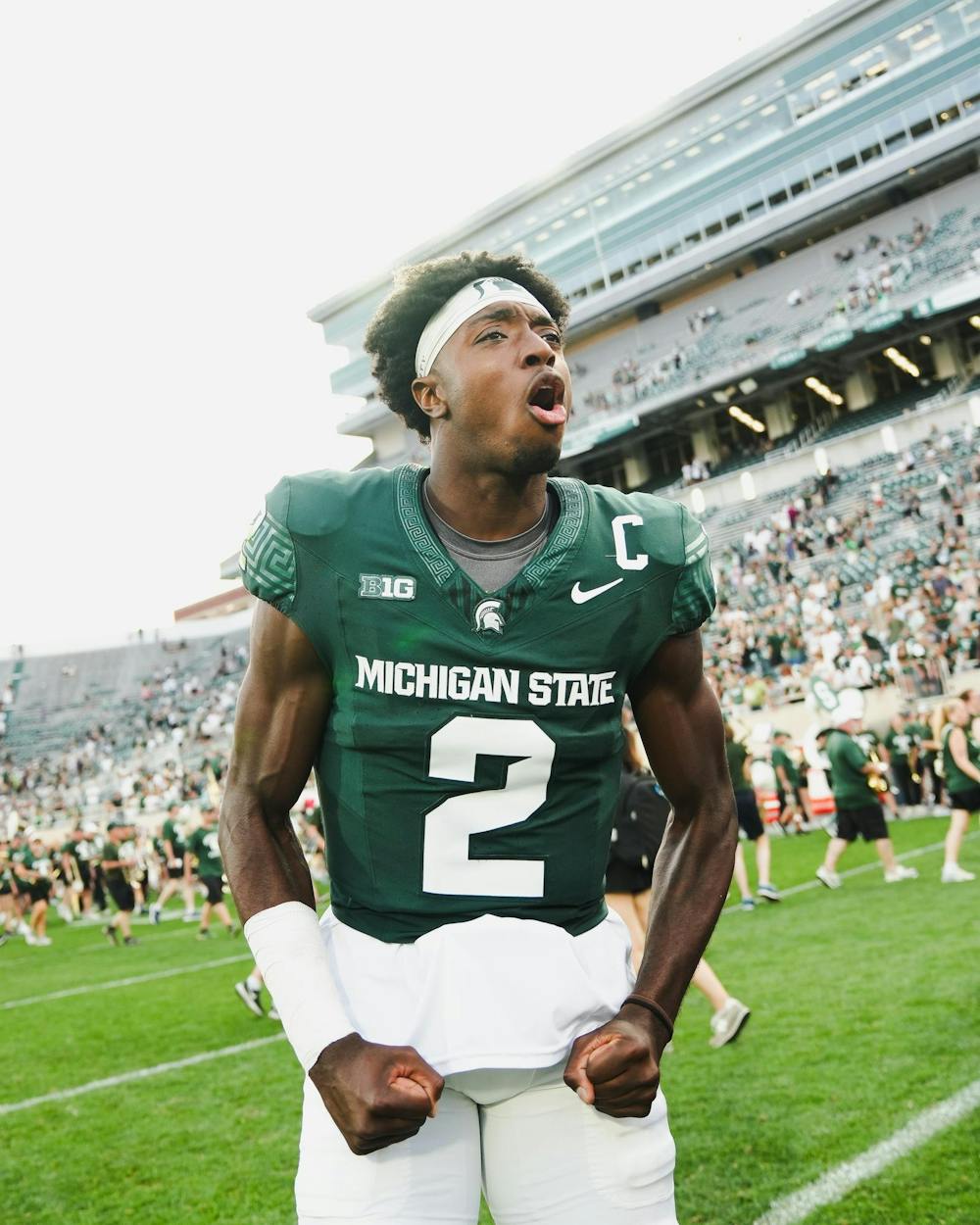 <p>MSU freshman quarterback Aidan Chiles (2) voices his excitement over his team's win of the MSU versus Prairie View game at Spartan Stadium on Sept. 14, 2024.</p>