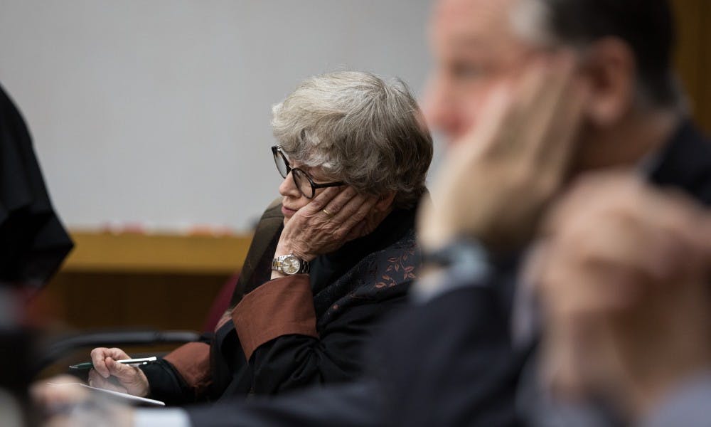 Former Michigan State President Lou Anna K. Simon appears at a preliminary hearing at Eaton County District Court April 16, 2019. Simon is charged with four counts of lying to a peace officer, including two felonies.