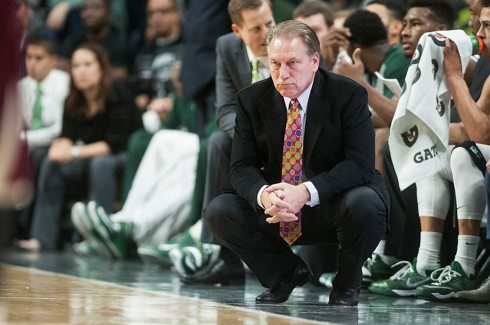 <p>Head coach Tom Izzo watches his players on the court Dec. 20, 2014, during the game against Texas Southern at Breslin Center. The Spartans were defeated by the Tigers, 71-64. Erin Hampton/The State News</p>