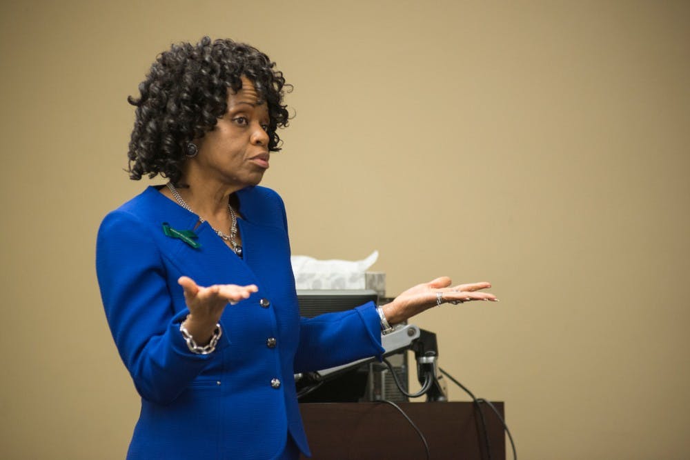 Dr. Maybank responds to a question on March 24, 2016 at Student Services. Dr. Maybank presented on the purpose of her department and fielded questions from ASMSU's assembly.