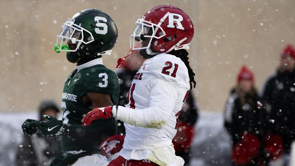 <p>Rutgers defensive back senior Al-Shadee Salaam (21) defends Spartan wide receiver redshirt senior Montorie Foster Jr. (3) at Spartan Stadium on Nov. 30, 2024.</p>