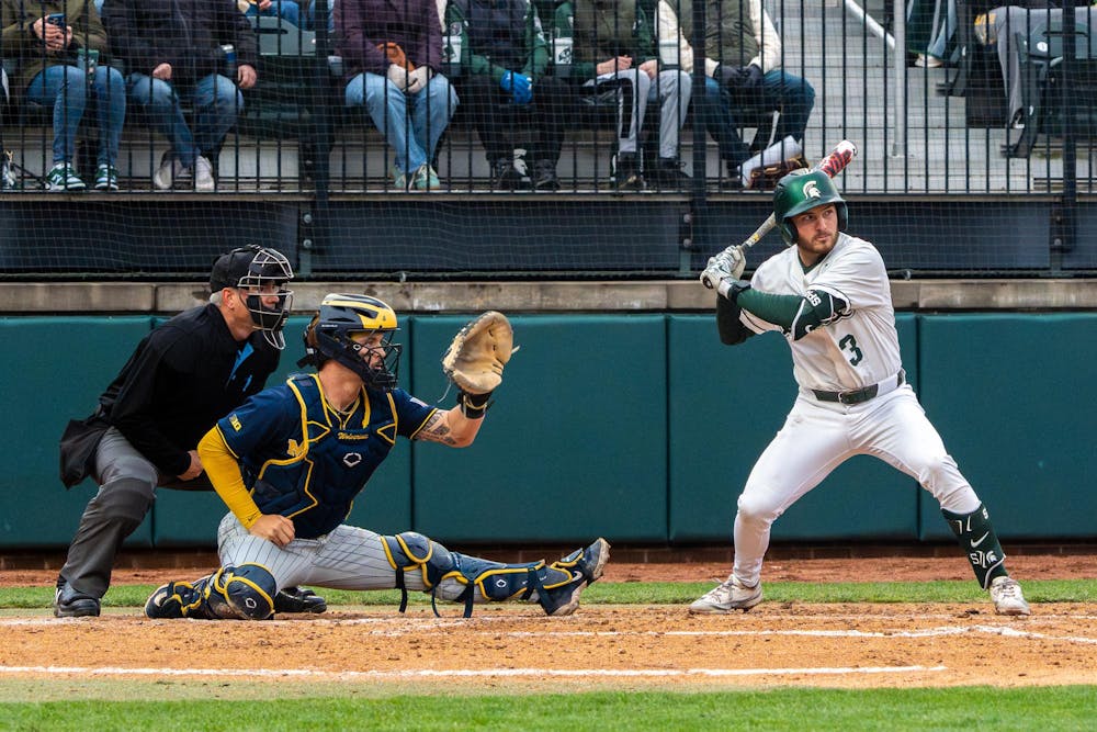 Michigan State shortstop, Dayton Murphy, 3, prepares for his first hit during Michigan State’s game against Michigan at Jeff Ishbia Field at McLane Stadium in East Lansing, Mich., on Friday, April 10, 2026.