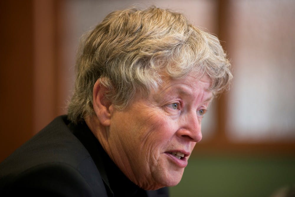 <p>Michigan State University president Lou Anna K. Simon speaks to the State News on Oct. 1, 2015, at the State News.</p>