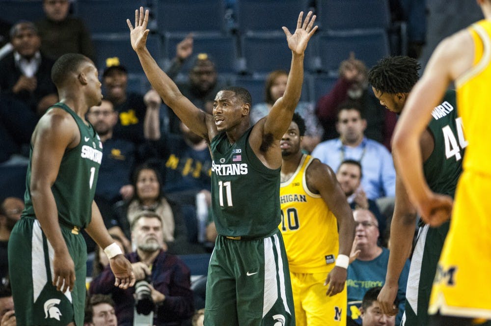 Junior guard Lourawls Nairn Jr. (11) reacts to a call during the second half of the men's basketball game against the University of Michigan on Feb. 7, 2017 at Crisler Arena in Ann Arbor, Mich. The Spartans were defeated by the Wolverines, 86-57.