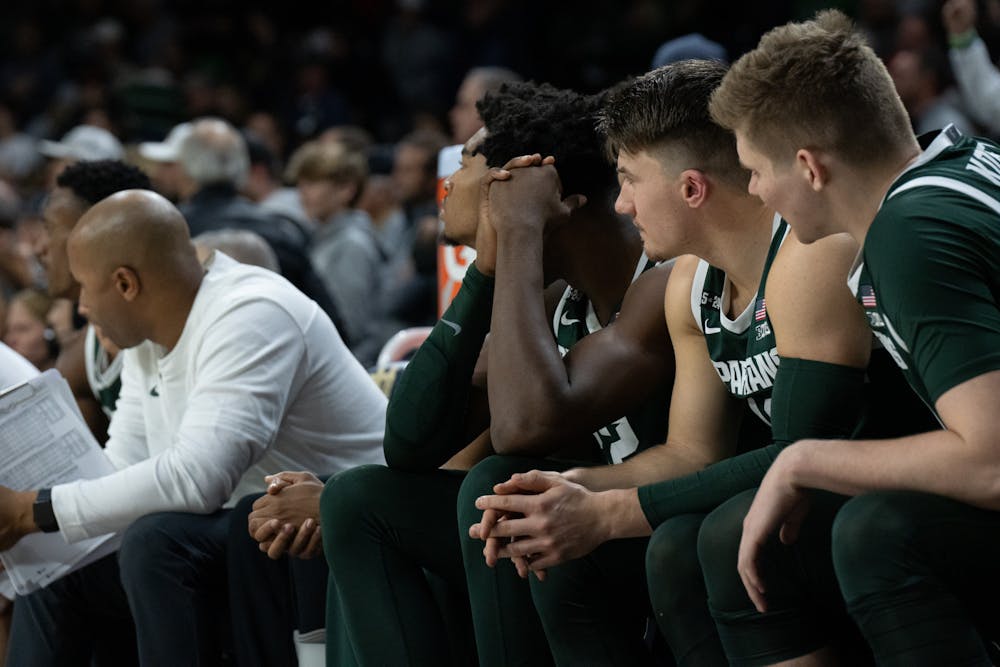 <p>The MSU bench during the Notre Dame v. MSU game held at the Joyce Center on November 30, 2022. The Spartans lost to the Fighting Irish 52 -70.</p>