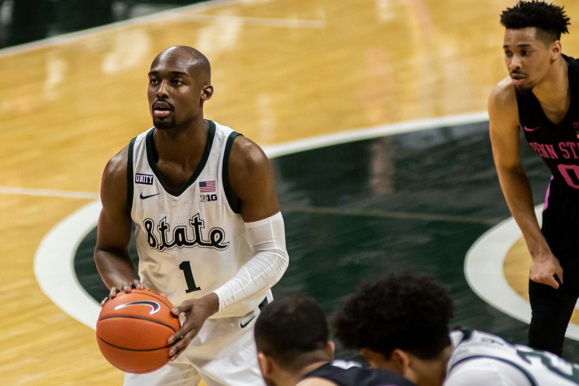 <p>Graduate student Joshua Langford shoots a free throw in the final minutes of the Spartans&#x27; win against Penn State on Feb. 9, 2021. During the game, Langford eclipsed 1,000 career points.</p>