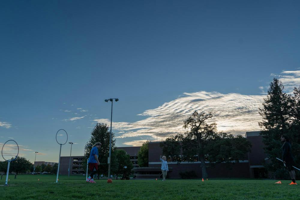 <p>Michigan State quadball players engage in a drill during their practice at IM East Field in East Lansing, Mich., on Monday, Sept. 21, 2026.</p>