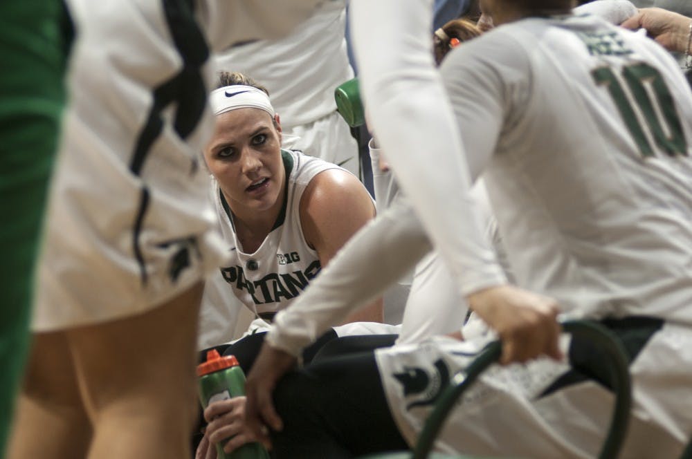 Senior guard Tori Jankoska (1) talks to teammates during a timeout break during the game against Notre Dame on Dec. 20, 2016 at Breslin Center. The Fighting Irish defeated the Spartans, 79-61. 