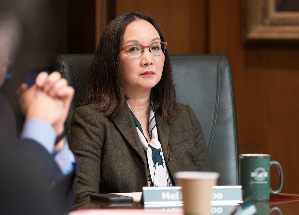 Michigan State Executive Vice President for Administration Melissa Woo during public comment. The Michigan State University Board of Trustees met in the Hannah Administration Building on April 22, 2022.