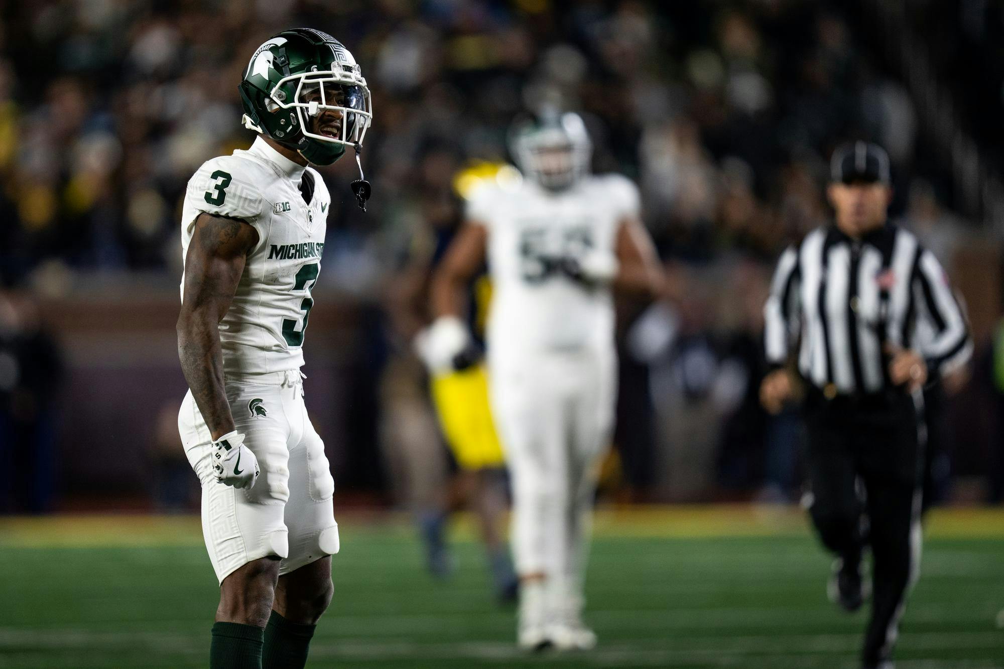 Michigan State redshirt-senior wide receiver Montorie Foster Jr. (5) celebrates a first-down reception against the University of Michigan at Michigan Stadium, Oct. 26, 2024. Penalties cost the Spartans their chance at the Paul Bunyon trophy this year as they fell 24-17 to the rival Wolverines.