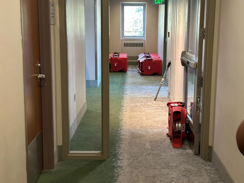 <p>Flood clean-up equipment on the third floor of Butterfield Hall on April 12, 2023. The sprinkler system caused the flooding, which was accidentally turned on during a false fire alarm.</p>