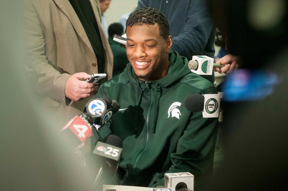 Senior defensive end Shilique Calhoun laughs after a question is asked during a Cotton Bowl media conference on Dec. 16, 2015 at Spartan Stadium. Select members of the football team answered questions posed by numerous media outlets regarding the upcoming Cotton Bowl against Alabama.