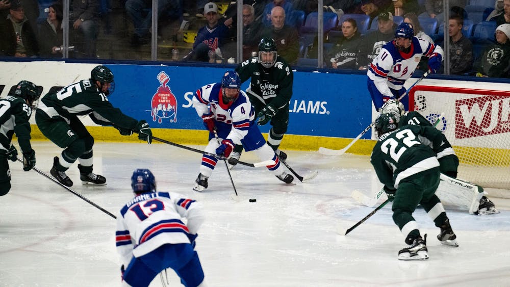 <p>Under-18 U.S. Men's National Team Development Program forward Richard Gallant (4) cuts to the front of the Michigan State net at USA Hockey Arena in Plymouth, Michigan on Nov. 21, 2024. In front of a sold out crowd, the Spartans captured a convincing 6-2 victory, showcasing why they deserve their ranking of number two in the nation.</p>