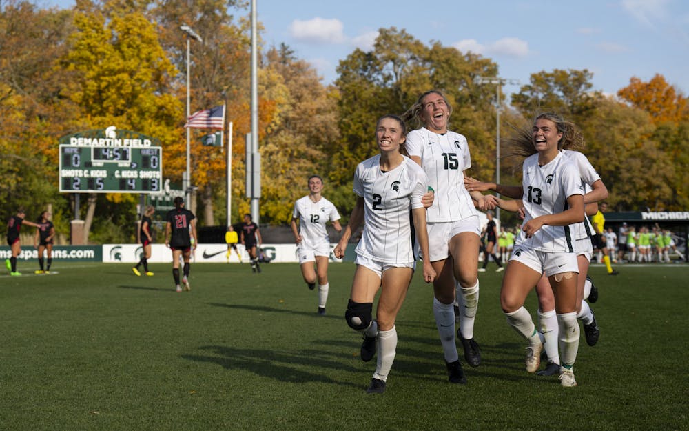 <p>The Spartans celebrate their game-winning goal against the Rutgers in their home finale of the 2022 season on Sunday, Oct. 23, 2022 at DeMartin Stadium. </p>
