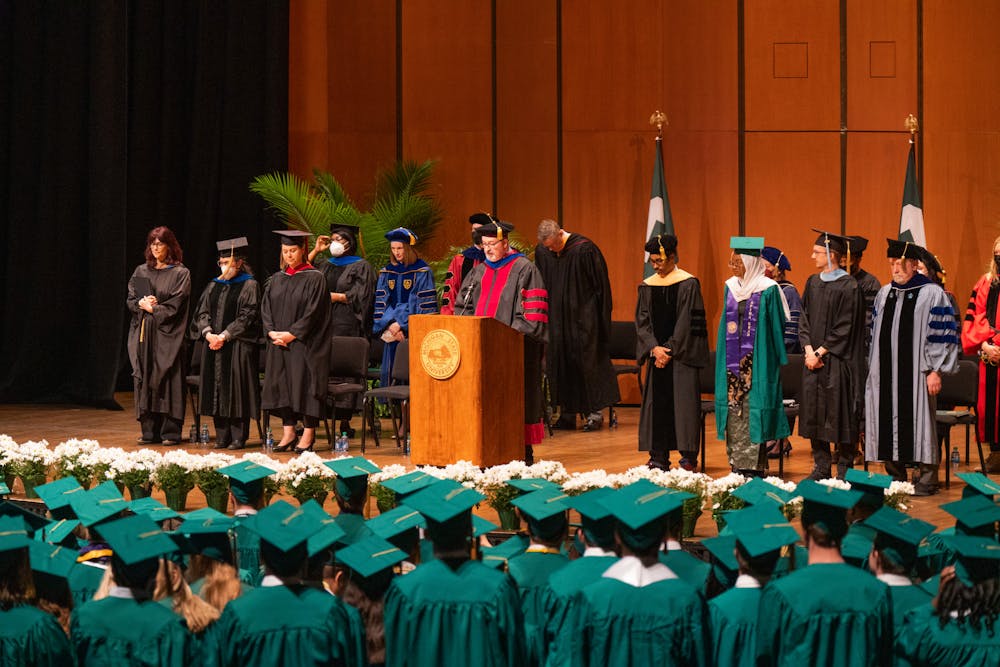 James Madison Dean Cameron Thies speaks at commencement. James Madison College held their commencement at the Wharton Center on May 7, 2022.