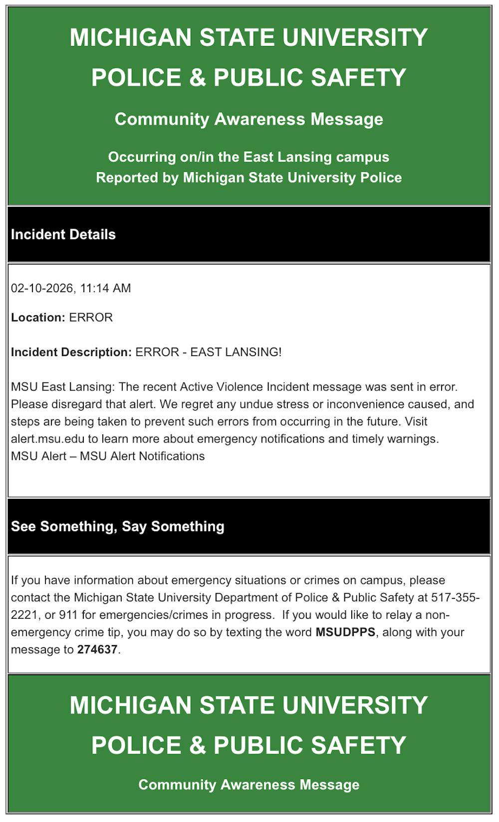 <p>MSU sent a campus wide "Active Violence Incident" alert in error to both emails and phones on Tuesday, Feb. 10, 2026.</p>