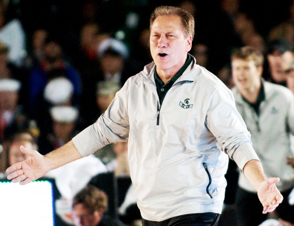 Head coach Tom Izzo reacts to a call made by the referees on Friday evening for the Quicken Loans Carrier Classic onboard the U.S.S. Carl Vinson at Naval Base Coronado in Coronado, CA. The Tar Heels defeated the Spartans, 67-55. Josh Radtke/The State News