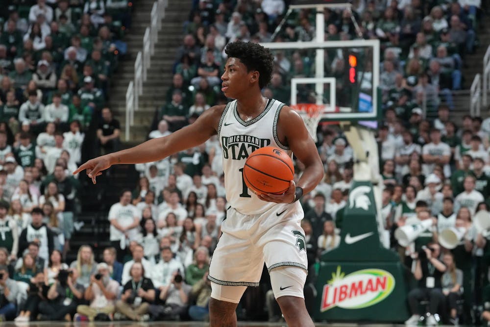 Michigan State sophomore guard Jeremy Fears Jr. (1) runs the offense against UCLA at the Breslin Center in East Lansing, Michigan, on Tuesday, Feb. 17, 2026.