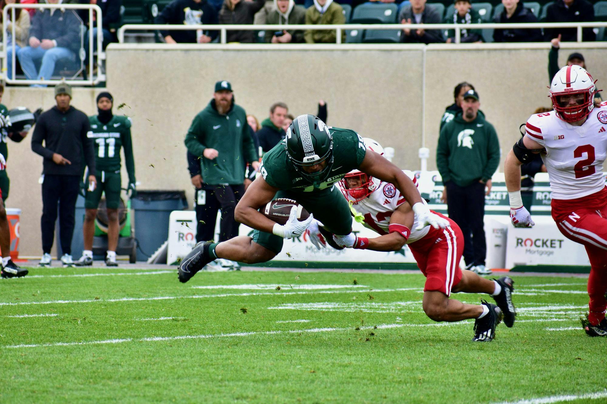 <p>Tight end Jaylan Franklin (19) makes an offensive play during a game against Nebraska at Spartan Stadium on Nov. 4, 2023. The Spartans defeated the Cornhuskers 20-17.</p>