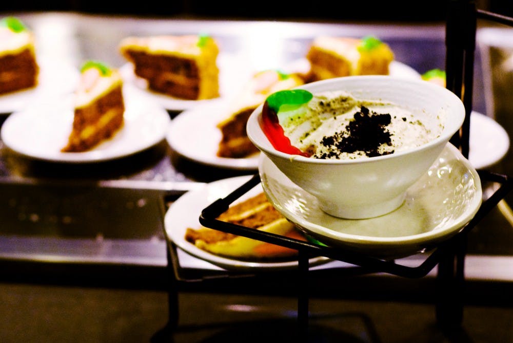 A bowl of dirt cake awaits to be eaten at the grand opening of Southpionte cafeteria in Case Hall.  Samantha Radecki/The State News