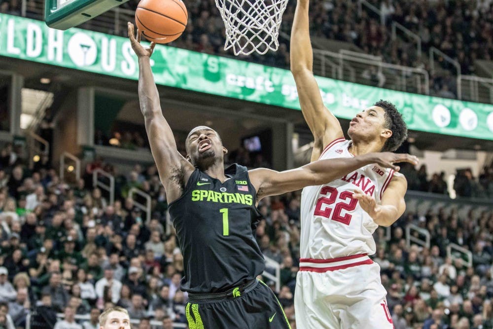 Sophomore guard Joshua Langford (1) shoots a layup as he's fouled during the game against Indiana on Jan. 19, 2018, at the Breslin Center. The Spartans defeated the Hoosiers, 85-57.