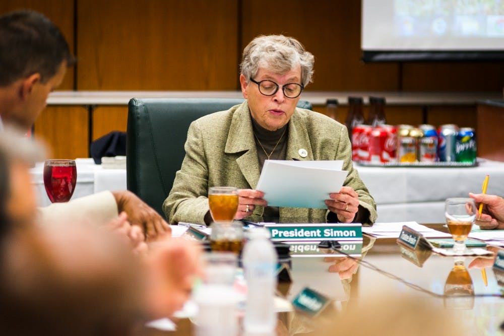 President Lou Anna K. Simon speaks during the Board of Trustees meeting on June 6, 2017, at the Hannah Administration Building. The board discussed tuition, budget and facility renovations.