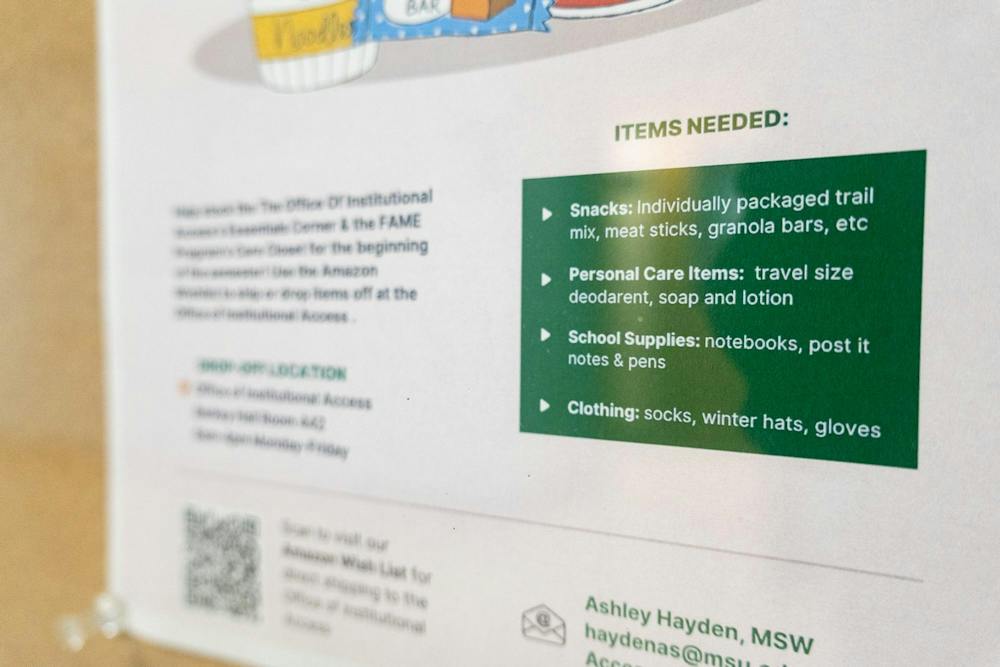 <p>A sign displaying items that are accepted during the donation drive in Berkey Hall in East Lansing, Mich., on Wednesday, Sept. 9, 2026.</p>