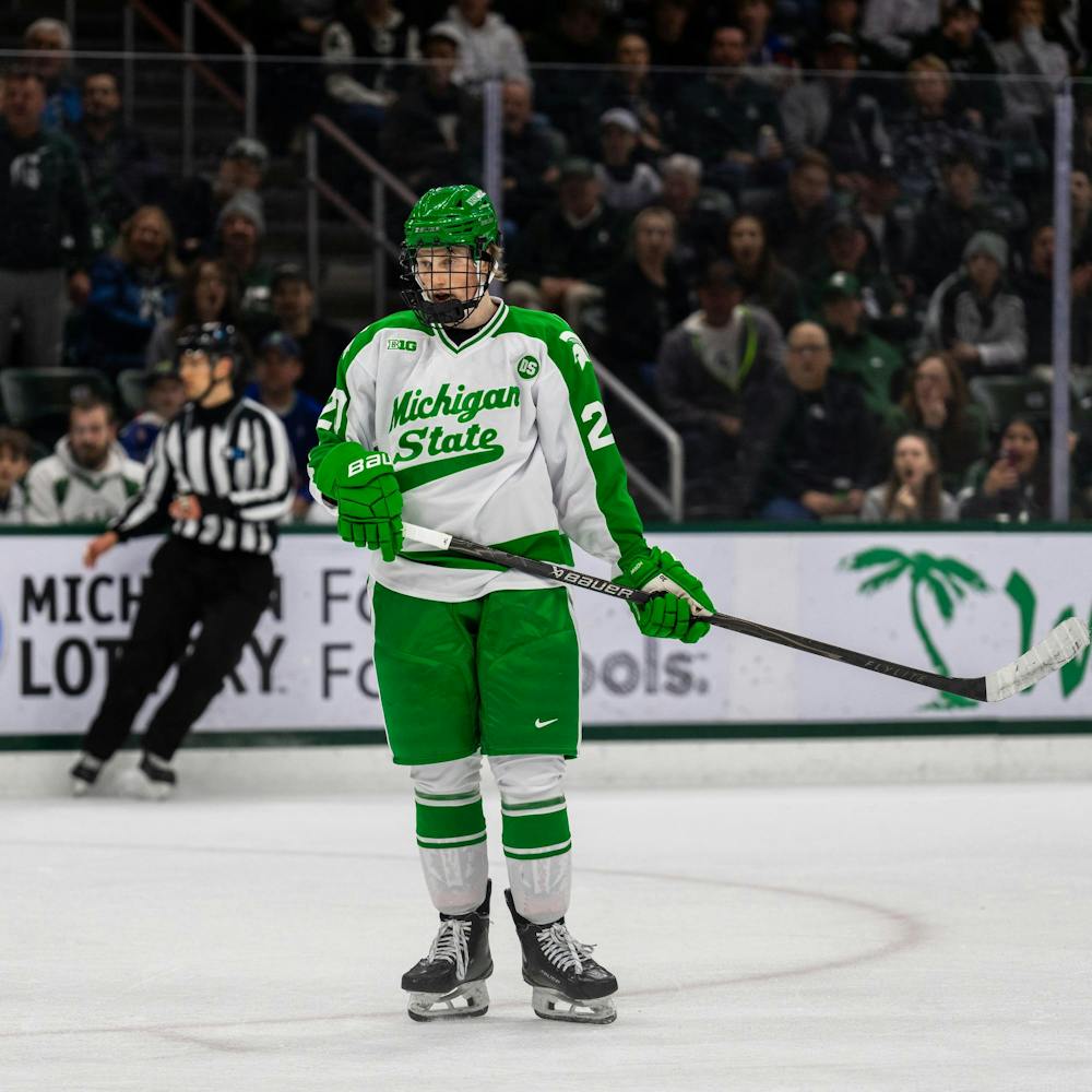 MSU Sr. F, Daniel Russell (20), waits for the referee drop the puck in Munn Ice Arena in East Lansing, MI on Feb. 19, 2026.