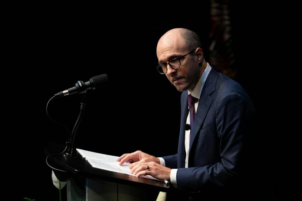 <p>A.G. Sulzberger, chairperson and publisher of The New York Times, speaks during Michigan State University’s Presidential Speaker Series at the Pasant Theatre in the Wharton Center for Performing Arts in East Lansing, Mich., on Tuesday, Sept. 29, 2026. </p>