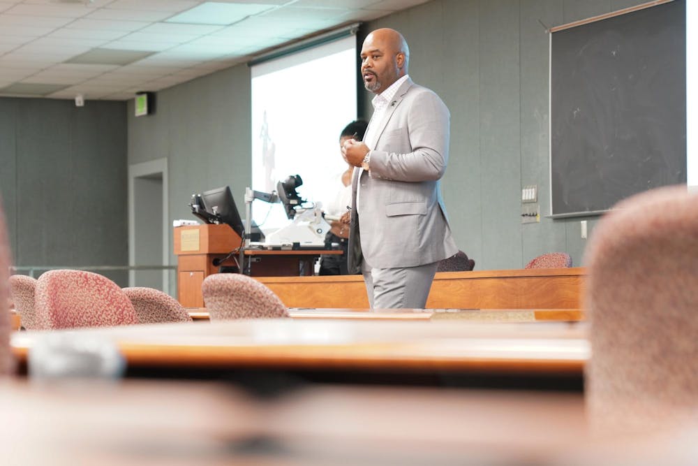 Michigan State Vice President for Public Safety and Chief of Police Marlon Lynch speaks during a Black Students Alliance Town Hall on public safety on Sept. 18, 2023 at the International Center.