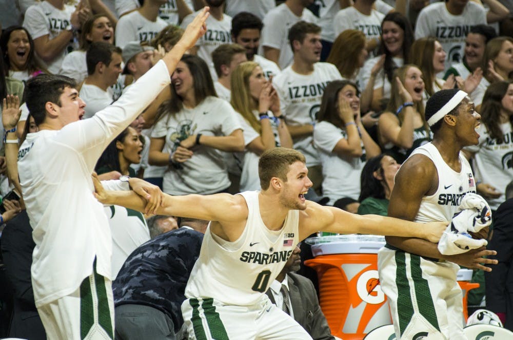 The Spartan basketball team reacts during the game against Mississippi Valley State on Nov. 18, 2016 at Breslin Center. The Spartans defeated the Delta Devils, 100-53.