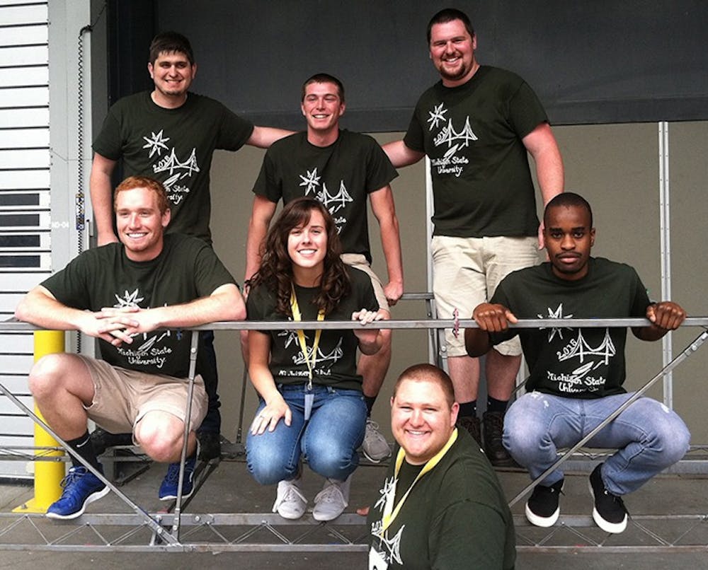 <p>The MSU Spartan Spanners finished their year ranked 12th in the nation. Competing at the national contest were (from left, back row): engineering students David Hayden, Kyle Savoie, Shayne Maguire, and (front row): engineering students Jake Maise, Colleen Bianco, Eric Kamps and Lucas Manhice. Photo: The MSU Spartan Spanners</p>