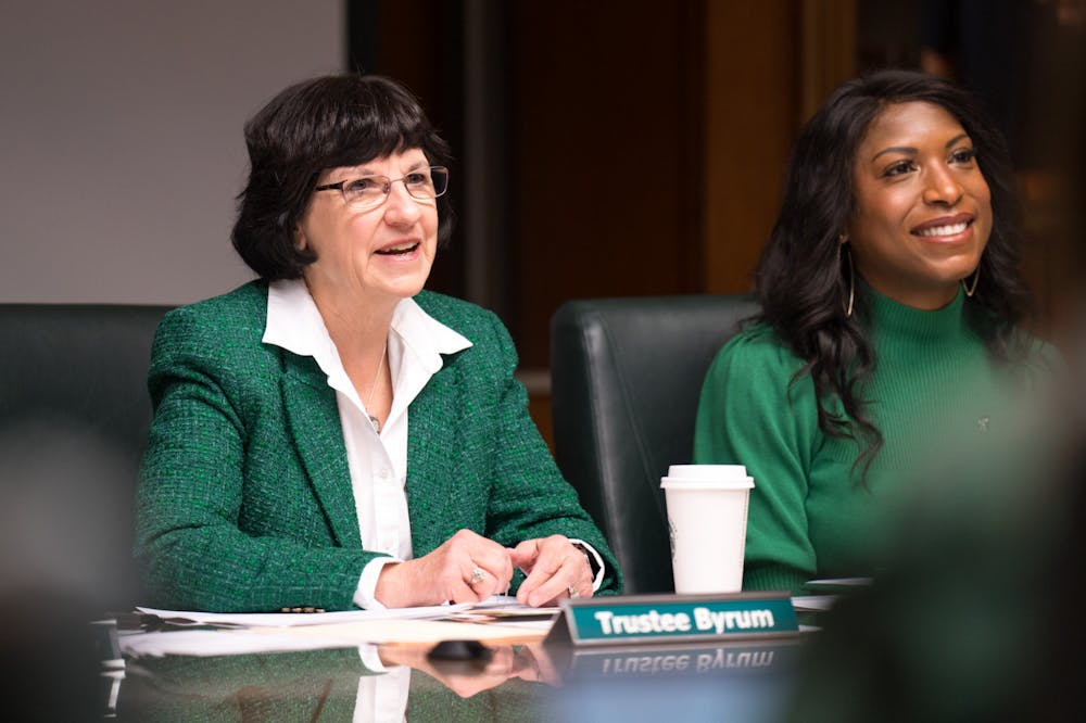 Michigan State Trustee Byrum commenting on research presentation. The Michigan State University Board of Trustees met in the Hannah Administration Building, on April 22, 2022.