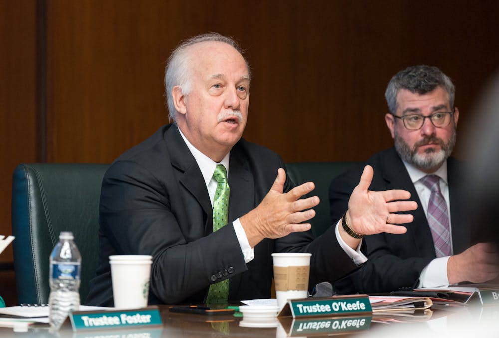 Michigan State Trustee O'Keefe commenting on research presentation. The Michigan State University Board of Trustees met in the Hannah Administration Building, on April 22, 2022.