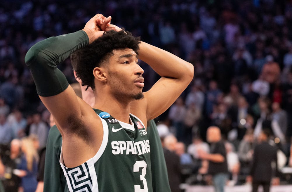 Sophomore guard Jaden Akins disappointed after the Sweet Sixteen matchup against Kentucky State University at Madison Square Garden on March 23, 2023. The Spartans fell to the Wildcats with a score of 98-93. 