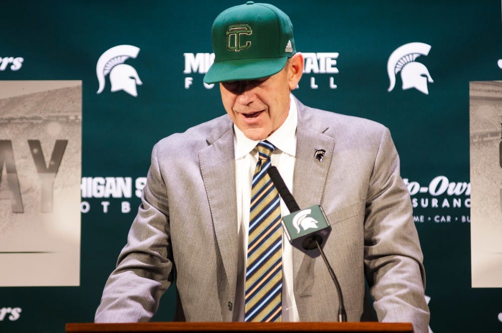Head Coach Mark Dantonio gives a speech on Feb. 1, 2017 at Spartan Stadium. Dantonio gave a press conference about National Signing Day.