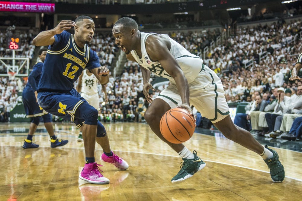 Sophomore guard Joshua Langford (1) drives the ball towards the net during the men's basketball game against Michigan on Jan. 13, 2018 at Breslin Center. The Spartans were defeated by the Wolverines, 82-72. (Nic Antaya | The State News)