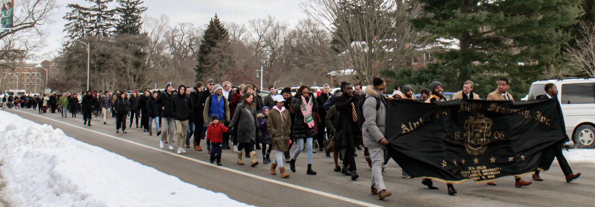 Alpha Phi Alpha Fraternity, Inc. and President Stanley lead the annual MLK Day walk from the MSU Union to the Beaumont Tower on Jan. 20, 2020.