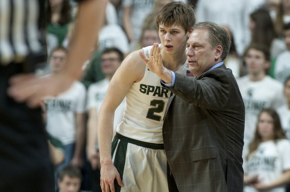 Head coach Tom Izzo talks to freshman guard Matt McQuaid during the first half of the game against Nebraska on Jan. 20, 2016 at Breslin Center. The Spartans were defeated by the Cornhuskers 72-71.