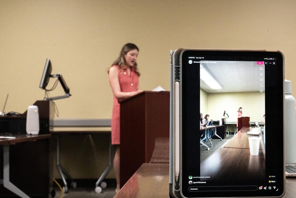 ASMSU's current President, Kathryn Harding, gives a short speech while being streamed on social media in the Student Affairs & Services building in East Lansing, MI on April 14, 2026.